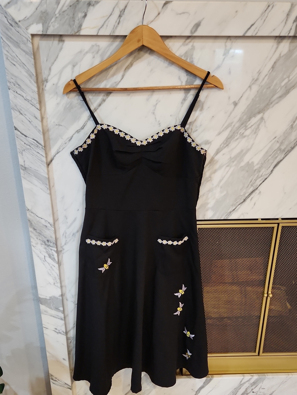 Black Floral-Trim A-Line Dress